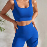 Seamless Ribbed Yoga Sets Workout Sets for Women 2 Pieces Gym Suits Ribbed Crop Tank High Waist Shorts Outfits Fitness Running
