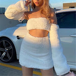 Two Piece White Fluffy Plush Sets Women Separate Long Sleeve Sexy Tops and Short Skirt Fashion Christmas Party Slim Girls Sets