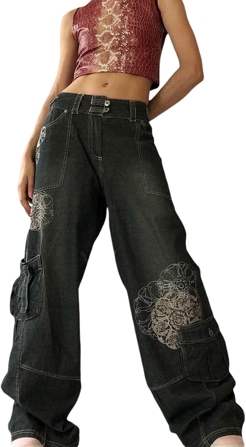 Gothic Cargo Jeans for Women Wide Straight Leg Punk Grunge Baggy Pants Goth Aesthetic Trousers Y2K Streetwear with Pockets Medium