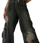 Gothic Cargo Jeans for Women Wide Straight Leg Punk Grunge Baggy Pants Goth Aesthetic Trousers Y2K Streetwear with Pockets Medium