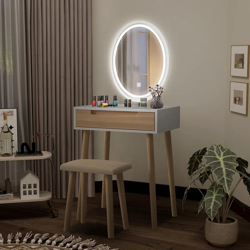 Leicester Vanity Table Set with Adjustable Brightness Mirror and Cushioned Stool