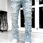 Men Trousers Individual Patched Pants Long Tight Fit Stacked Jeans for Mens Clothing