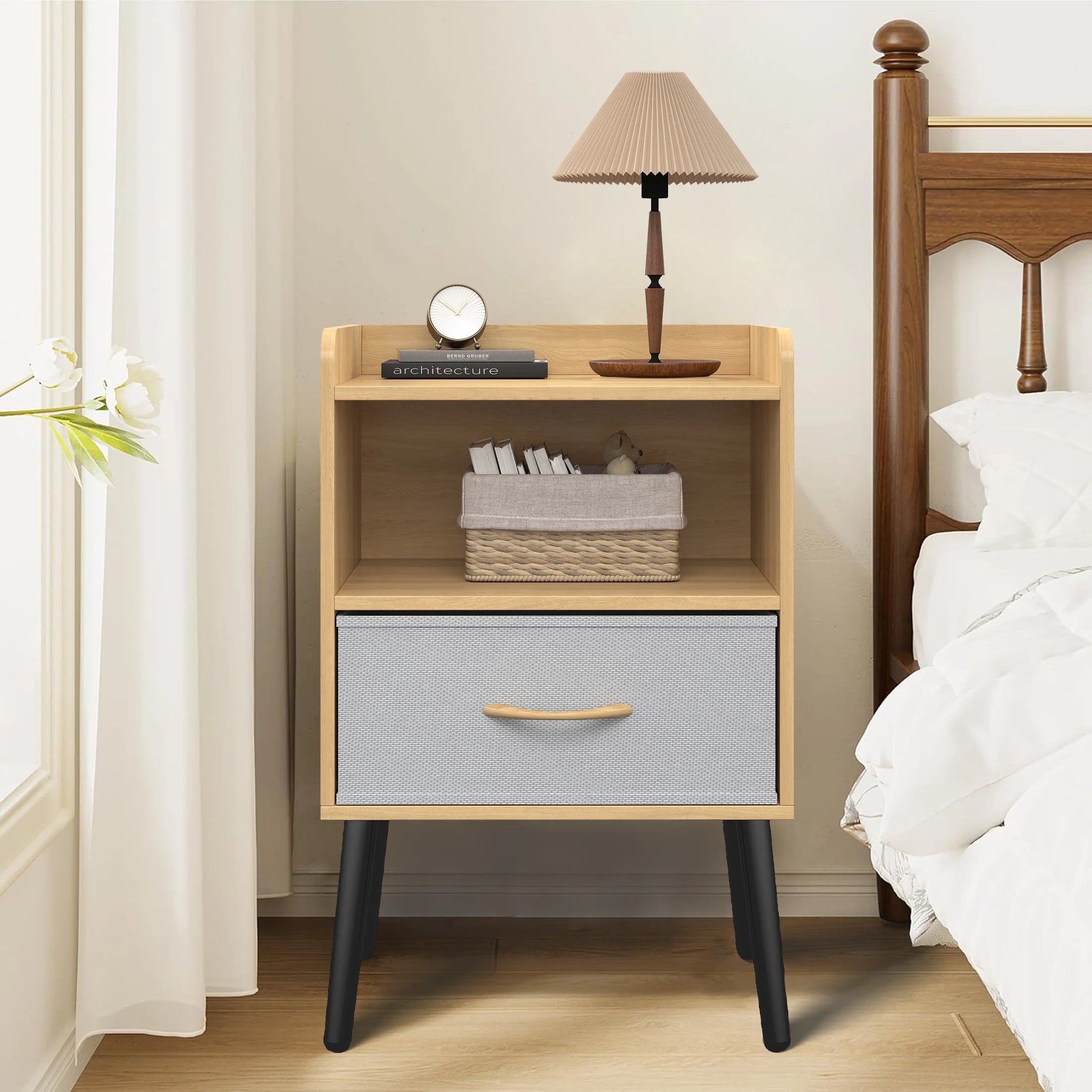 Oak Nightstand Set of 2 with Drawer and Shelf, 2-Tier Storage End Table, Versatile Nightstand for Kids Adults, Modern End Side Table for Home and Office