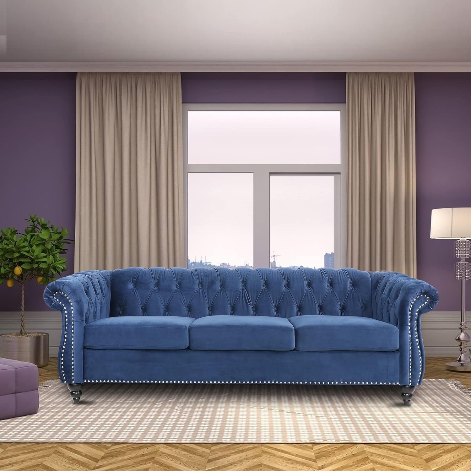 Velvet Chesterfield Sofa, 84'' Modern Tufted 3 Seater Couch with Scroll Arms and Wood Legs for Living Room Bedroom (Blue), Blue Velvet, 84 in Chesterfield Sofa