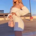 Two Piece White Fluffy Plush Sets Women Separate Long Sleeve Sexy Tops and Short Skirt Fashion Christmas Party Slim Girls Sets