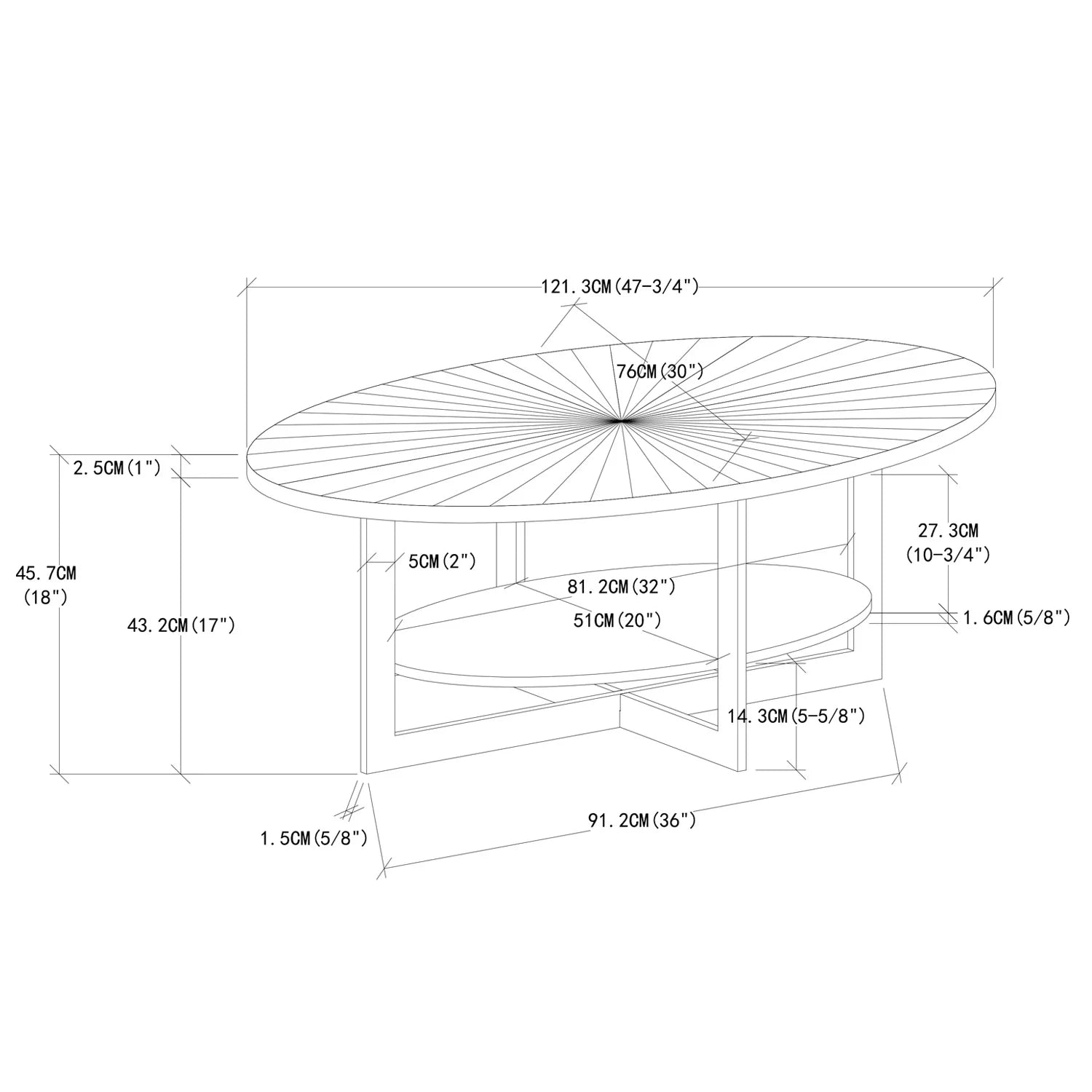 Double Layer Coffee Table,Oval Wood Farmhouse with Storage,47.87"L X 30"W X 17.99"H,Brown