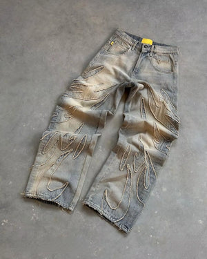 Y2K Street Retro Raw Edge Embroidery Baggy Jeans Men Women Fashion Hip Hop Patchwork High Waisted Denim Pants Ripped Jeans 2024