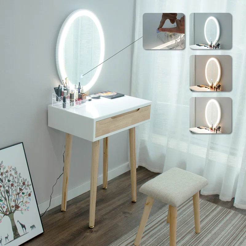 Leicester Vanity Table Set with Adjustable Brightness Mirror and Cushioned Stool