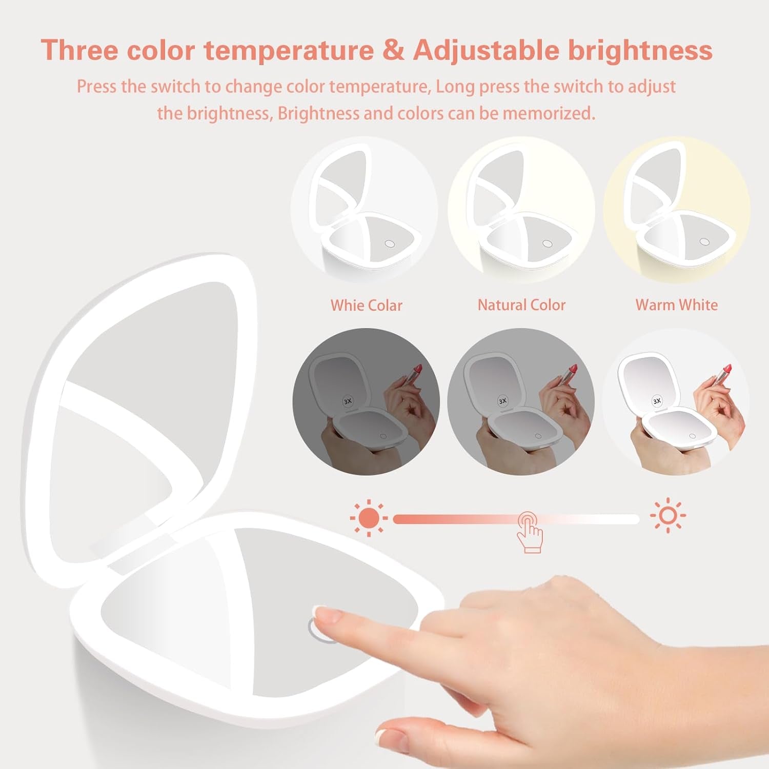 Compact LED Travel Makeup Mirror with 1X/10X Magnification,Compact Design: the Mirror Is Designed to Be Small and Portable, Making It Easy to Take with You On-The-Go, White