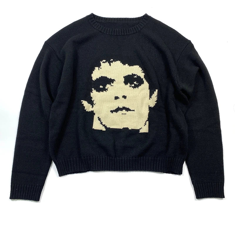 Gothic Extinct Portrait Print Pullover Hip Hop Streetwear Knitted Oversized Sweater Men Winter Harajuku Cotton Sweater Unisex