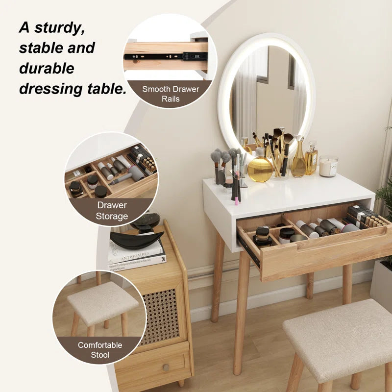 Leicester Vanity Table Set with Adjustable Brightness Mirror and Cushioned Stool