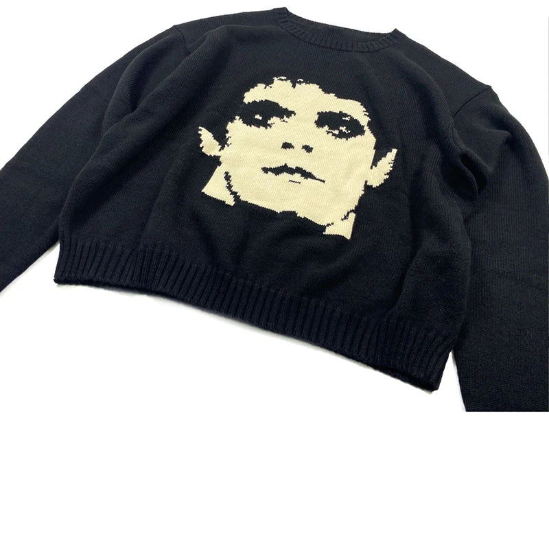 Gothic Extinct Portrait Print Pullover Hip Hop Streetwear Knitted Oversized Sweater Men Winter Harajuku Cotton Sweater Unisex