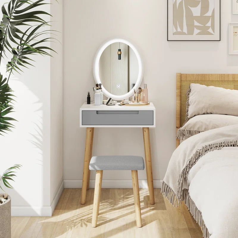 Leicester Vanity Table Set with Adjustable Brightness Mirror and Cushioned Stool