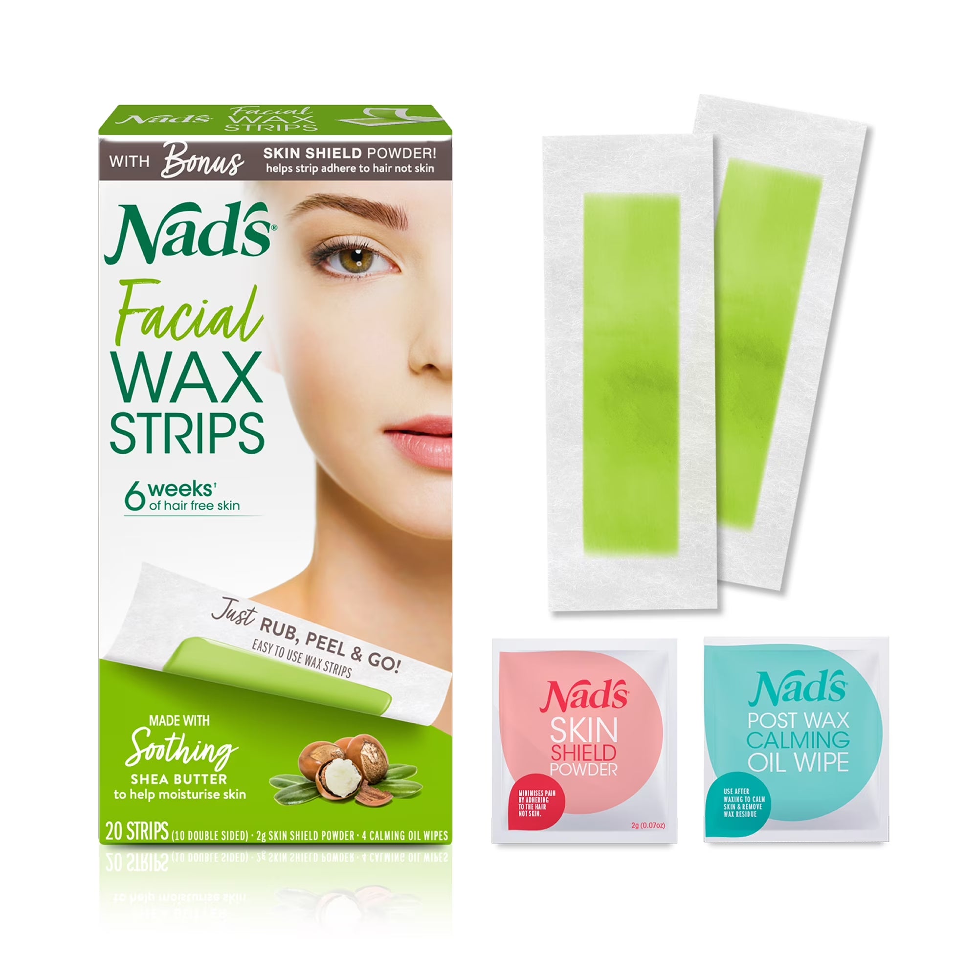 Facial Wax Strips 20 Pack for Women'S Facial Hair Removal with 4 Calming Oil Wipes + Skin Protection Powder