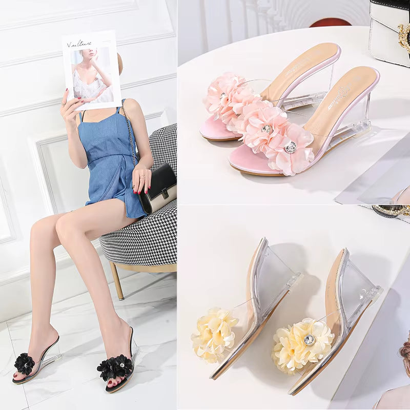 New High Heels Women'S Summer Versatile Women'S Shoes Flowers Simple Slope Heels Sandals Transparent Heels LFD