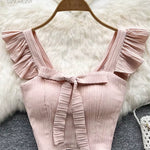 SINGREINY Summer Solid Ruffled Camis Women Square Neck Sleeveless Bow Elastic Waist Strap Top Ladies Sweet Korea Short Tank Top