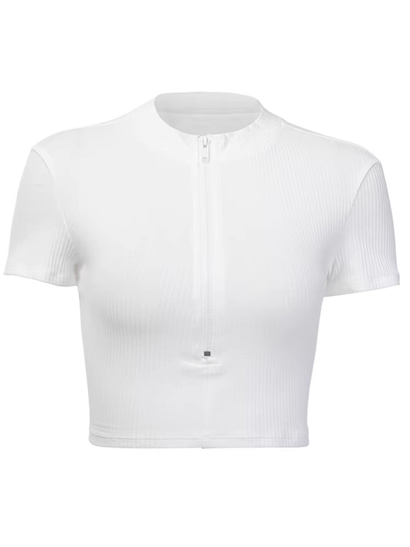 New Fashion Slim Fit Zipper T-Shirt Women Female Bustier Corset Tops High Neck Women Crop Top Tee Solid Shirt White