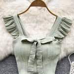 SINGREINY Summer Solid Ruffled Camis Women Square Neck Sleeveless Bow Elastic Waist Strap Top Ladies Sweet Korea Short Tank Top