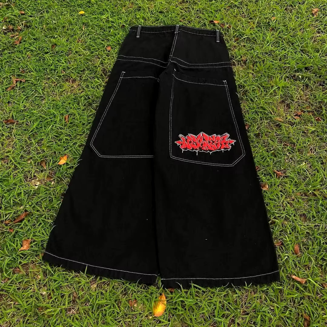 Y2K Street Retro Raw Edge Embroidery Baggy Jeans Men Women Fashion Hip Hop Patchwork High Waisted Denim Pants Ripped Jeans 2024