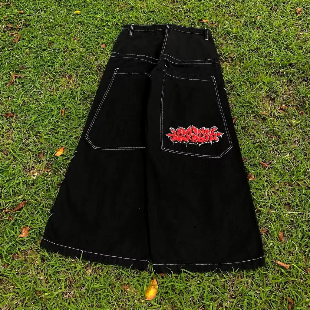 Y2K Street Retro Raw Edge Embroidery Baggy Jeans Men Women Fashion Hip Hop Patchwork High Waisted Denim Pants Ripped Jeans 2024