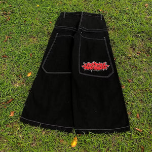 Y2K Street Retro Raw Edge Embroidery Baggy Jeans Men Women Fashion Hip Hop Patchwork High Waisted Denim Pants Ripped Jeans 2024