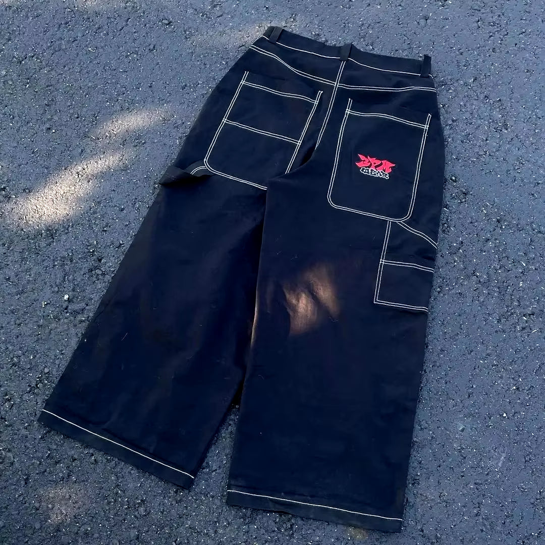 Y2K Street Retro Raw Edge Embroidery Baggy Jeans Men Women Fashion Hip Hop Patchwork High Waisted Denim Pants Ripped Jeans 2024