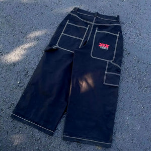 Y2K Street Retro Raw Edge Embroidery Baggy Jeans Men Women Fashion Hip Hop Patchwork High Waisted Denim Pants Ripped Jeans 2024