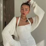White Women Sweater Shrugs Cropped Top Full Lantern Sleeve Knitwear Pullover Sexy Summer High Street Outwear 2023 Spring