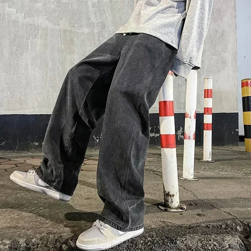 2024 New Streetwear Loose Jeans Men Korean Style Fashion Loose Straight Wide Leg Pants Men'S Brand Clothing Black Light Blue