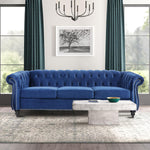 Velvet Chesterfield Sofa, 84'' Modern Tufted 3 Seater Couch with Scroll Arms and Wood Legs for Living Room Bedroom (Blue), Blue Velvet, 84 in Chesterfield Sofa