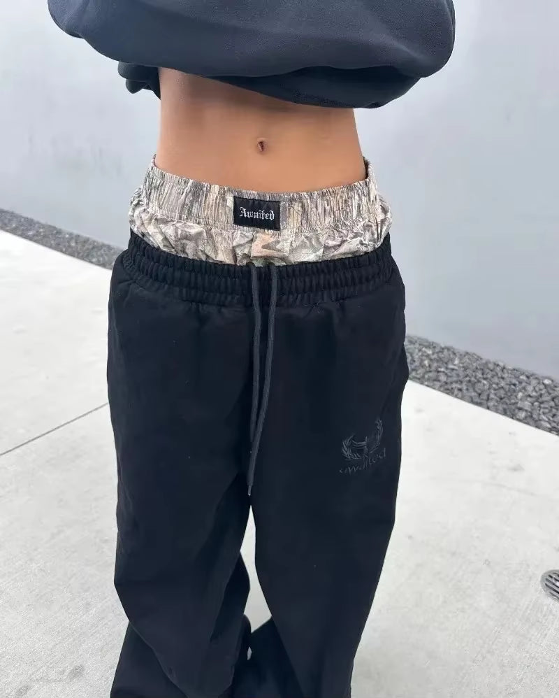 Y2K Pants Vintage Harajuku Double Embroidered Waist Sweatpants Men Wome Hip Hop Casual High Waisted Wide Leg Pants Streetwear
