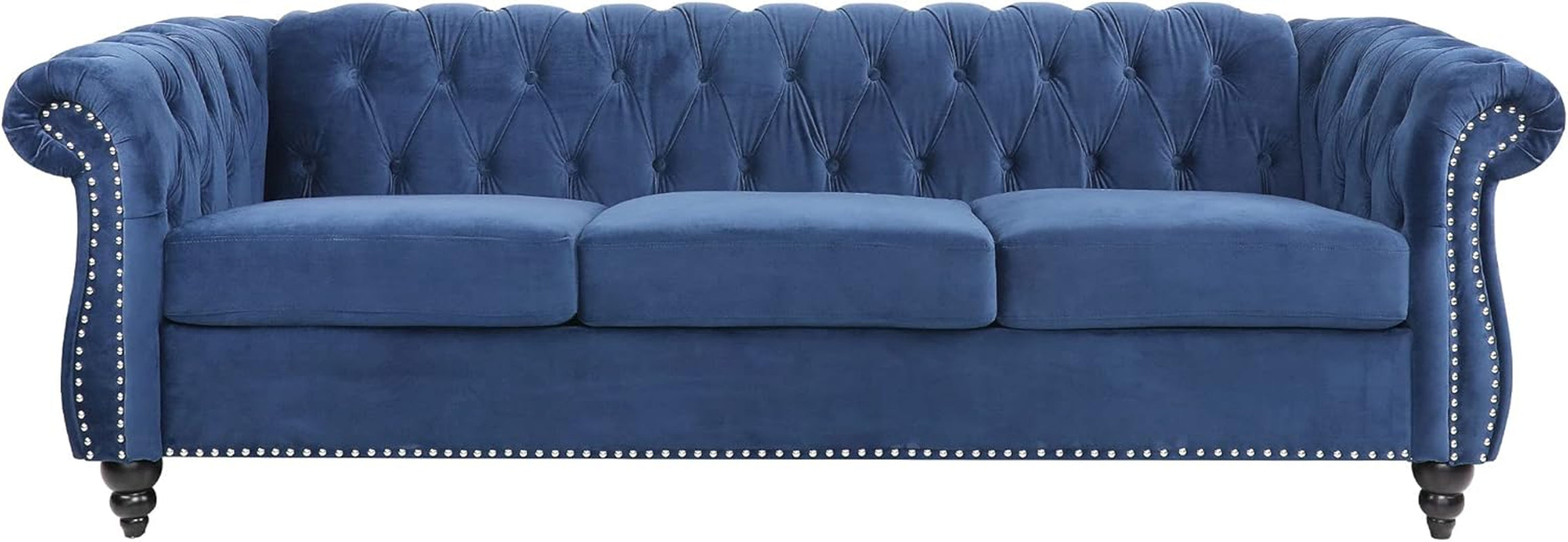 Velvet Chesterfield Sofa, 84'' Modern Tufted 3 Seater Couch with Scroll Arms and Wood Legs for Living Room Bedroom (Blue), Blue Velvet, 84 in Chesterfield Sofa