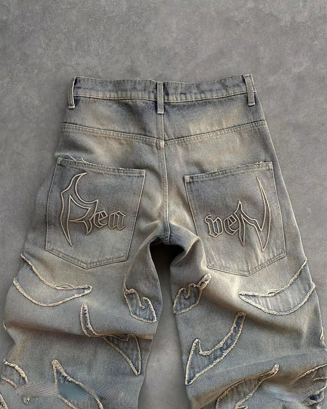 Y2K Street Retro Raw Edge Embroidery Baggy Jeans Men Women Fashion Hip Hop Patchwork High Waisted Denim Pants Ripped Jeans 2024