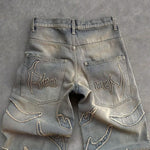 Y2K Street Retro Raw Edge Embroidery Baggy Jeans Men Women Fashion Hip Hop Patchwork High Waisted Denim Pants Ripped Jeans 2024