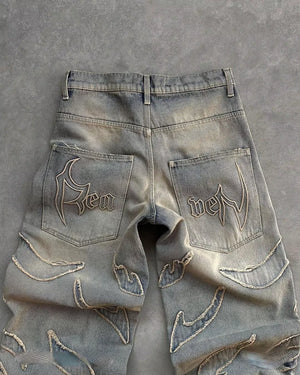 Y2K Street Retro Raw Edge Embroidery Baggy Jeans Men Women Fashion Hip Hop Patchwork High Waisted Denim Pants Ripped Jeans 2024