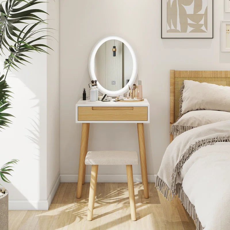 Leicester Vanity Table Set with Adjustable Brightness Mirror and Cushioned Stool