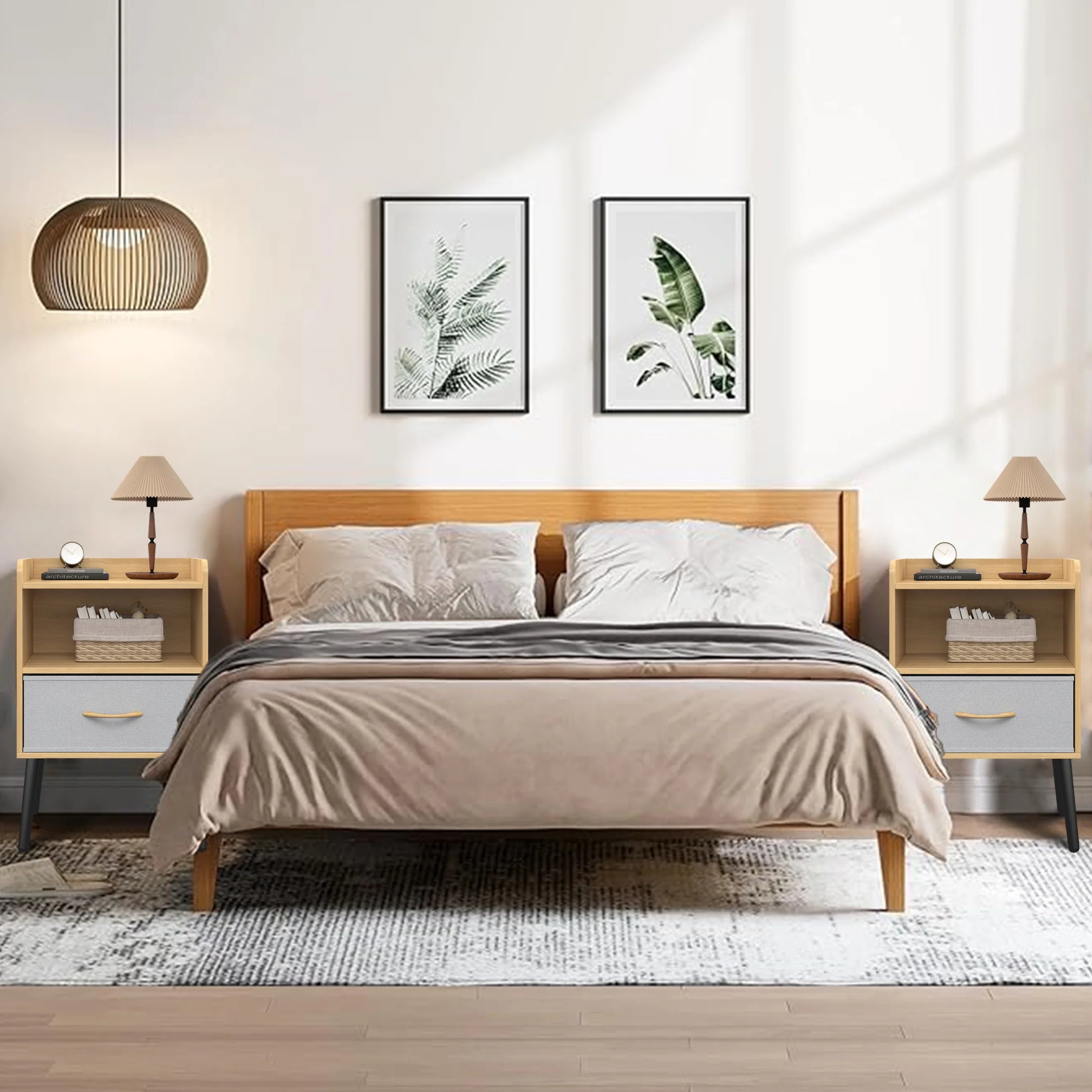 Oak Nightstand Set of 2 with Drawer and Shelf, 2-Tier Storage End Table, Versatile Nightstand for Kids Adults, Modern End Side Table for Home and Office