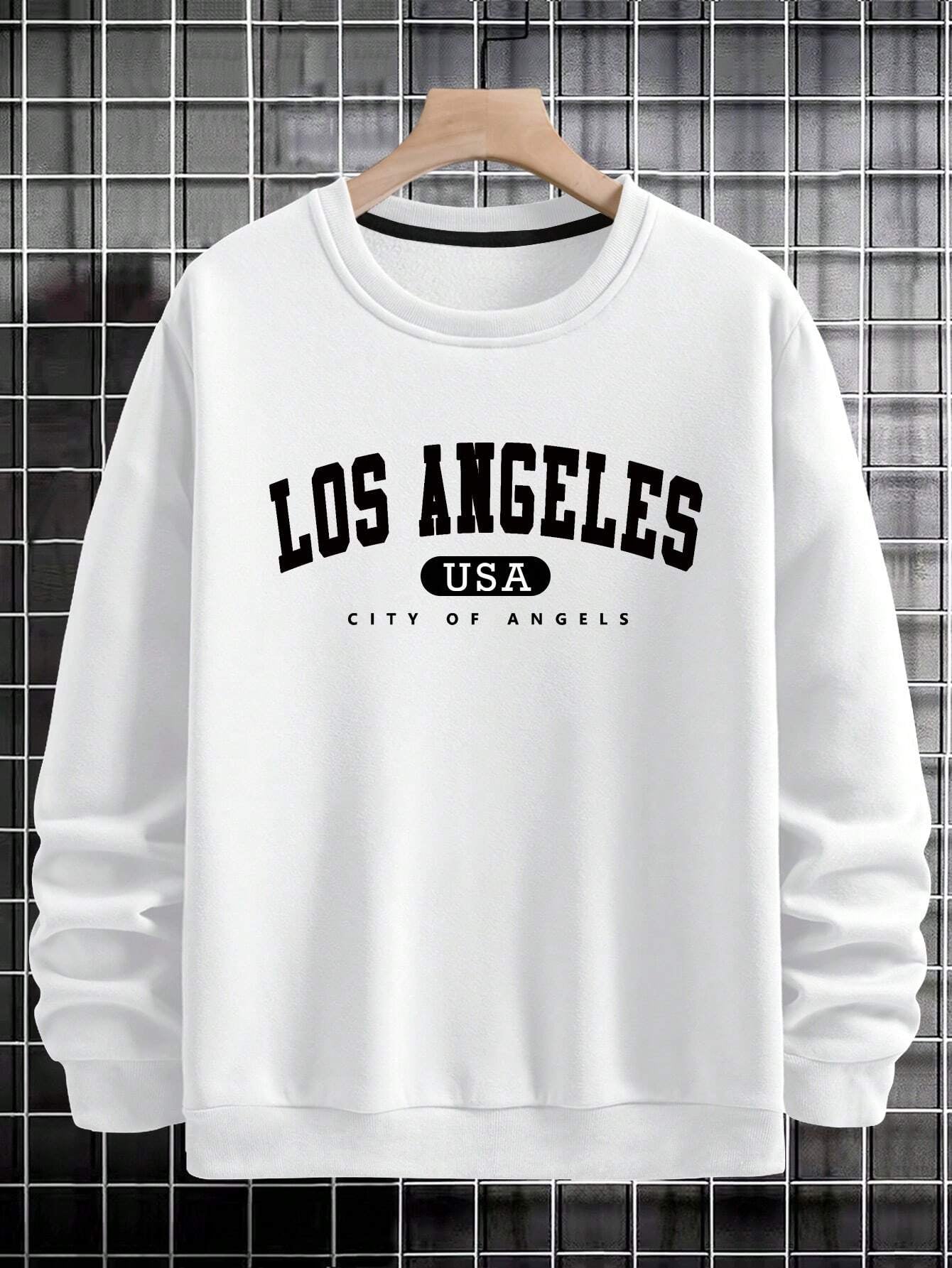 Manfinity Sporsity Men Letter Graphic Sweatshirt Going Out Crew Neck Letter Los Angeles Long Sleeve Casual Sweatshirt, for Friends, Husband, Boyfriend Gifts, Los Angeles Hoodie, Mens Sweatshirt, Mens Pullover Hoodie