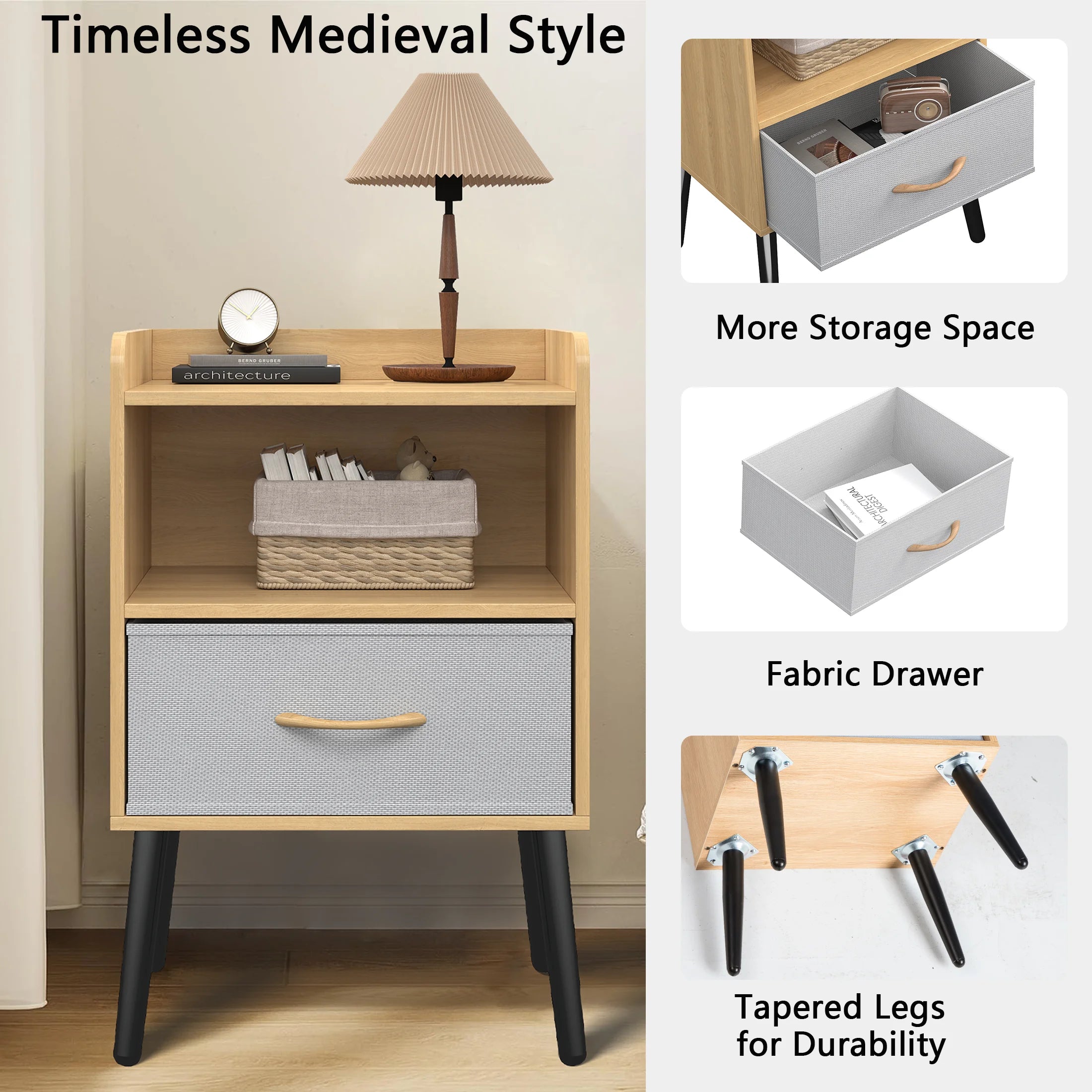 Oak Nightstand Set of 2 with Drawer and Shelf, 2-Tier Storage End Table, Versatile Nightstand for Kids Adults, Modern End Side Table for Home and Office