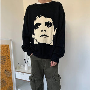 Gothic Extinct Portrait Print Pullover Hip Hop Streetwear Knitted Oversized Sweater Men Winter Harajuku Cotton Sweater Unisex