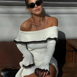 Knit Off-Shoulder Sweater Mini Dress Women'S Lace Patchwork Ribbed Slim Backless Elegant Party Dress Knitwear Mini Dress