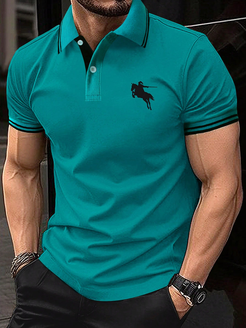 Manfinity Homme Men Horse Print Striped Trim Polo Shirt