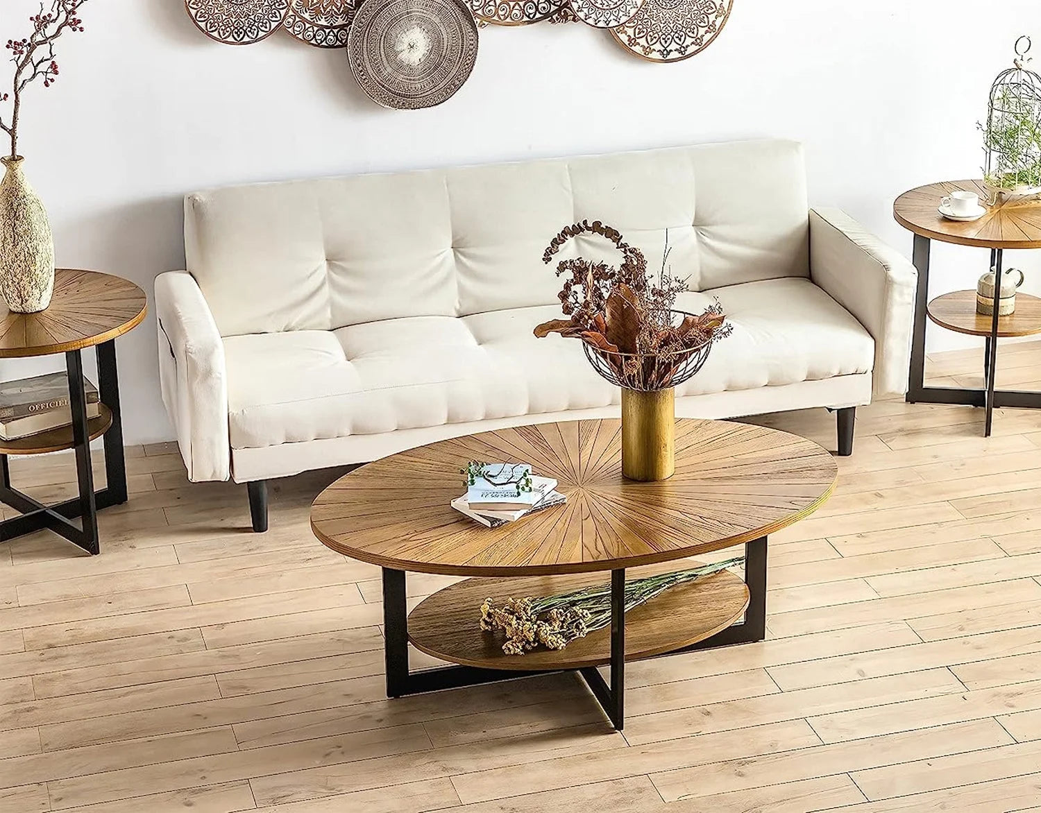 Double Layer Coffee Table,Oval Wood Farmhouse with Storage,47.87"L X 30"W X 17.99"H,Brown
