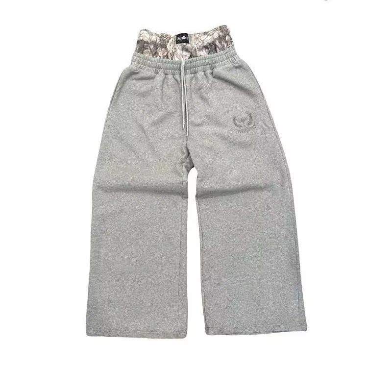 Y2K Pants Vintage Harajuku Double Embroidered Waist Sweatpants Men Wome Hip Hop Casual High Waisted Wide Leg Pants Streetwear
