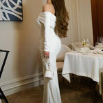 White Pleated Slim Maxi Dress Elegant for Women Patchwork Off-Shoulder Fashion High Waist Dress Ladies Solid Party Dress