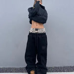 Y2K Pants Vintage Harajuku Double Embroidered Waist Sweatpants Men Wome Hip Hop Casual High Waisted Wide Leg Pants Streetwear