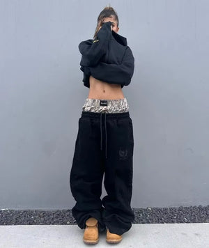 Y2K Pants Vintage Harajuku Double Embroidered Waist Sweatpants Men Wome Hip Hop Casual High Waisted Wide Leg Pants Streetwear