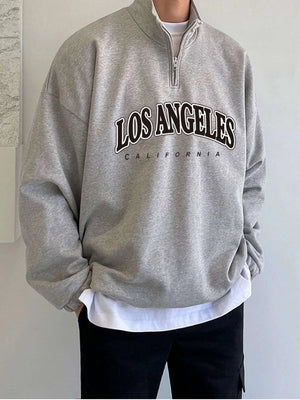 Manfinity Hypemode Men Letter Graphic Quarter Zipper Drop Shoulder Loose Sweatshirt without Tee, Light Grey Letter Long Sleeve Casual Mock Neck Sweatshirt, for Friends, Husband, Boyfriend Gifts, Back to School