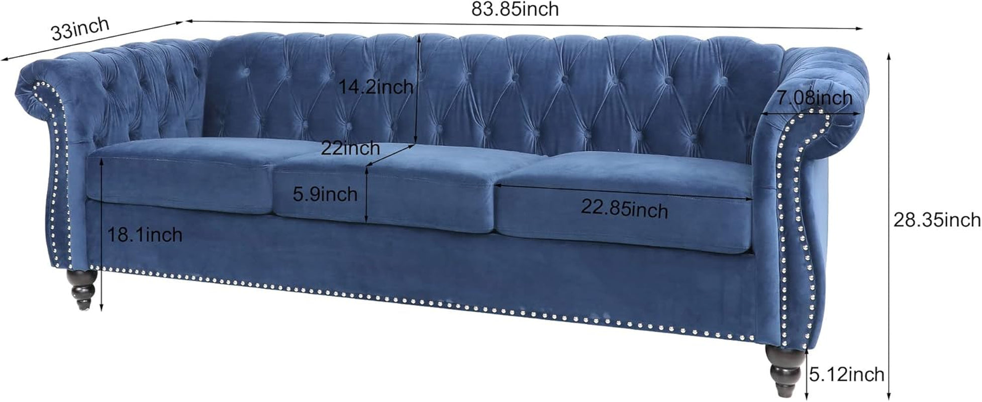 Velvet Chesterfield Sofa, 84'' Modern Tufted 3 Seater Couch with Scroll Arms and Wood Legs for Living Room Bedroom (Blue), Blue Velvet, 84 in Chesterfield Sofa