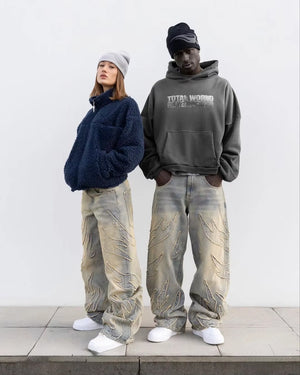 Y2K Street Retro Raw Edge Embroidery Baggy Jeans Men Women Fashion Hip Hop Patchwork High Waisted Denim Pants Ripped Jeans 2024